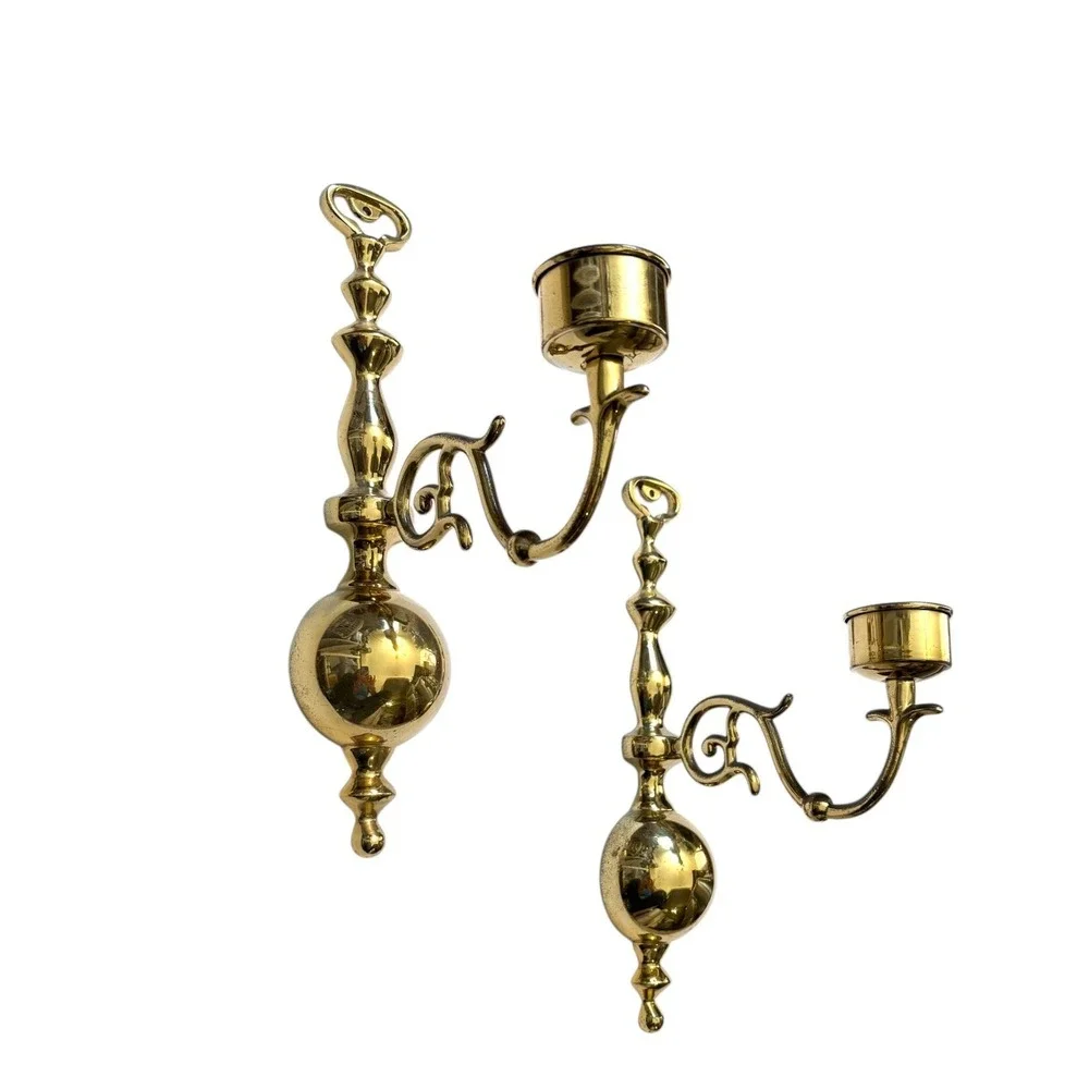 Vintage Solid Brass Wall Sconce Candle Holders Pair Polished Gold Spindle 12.5in